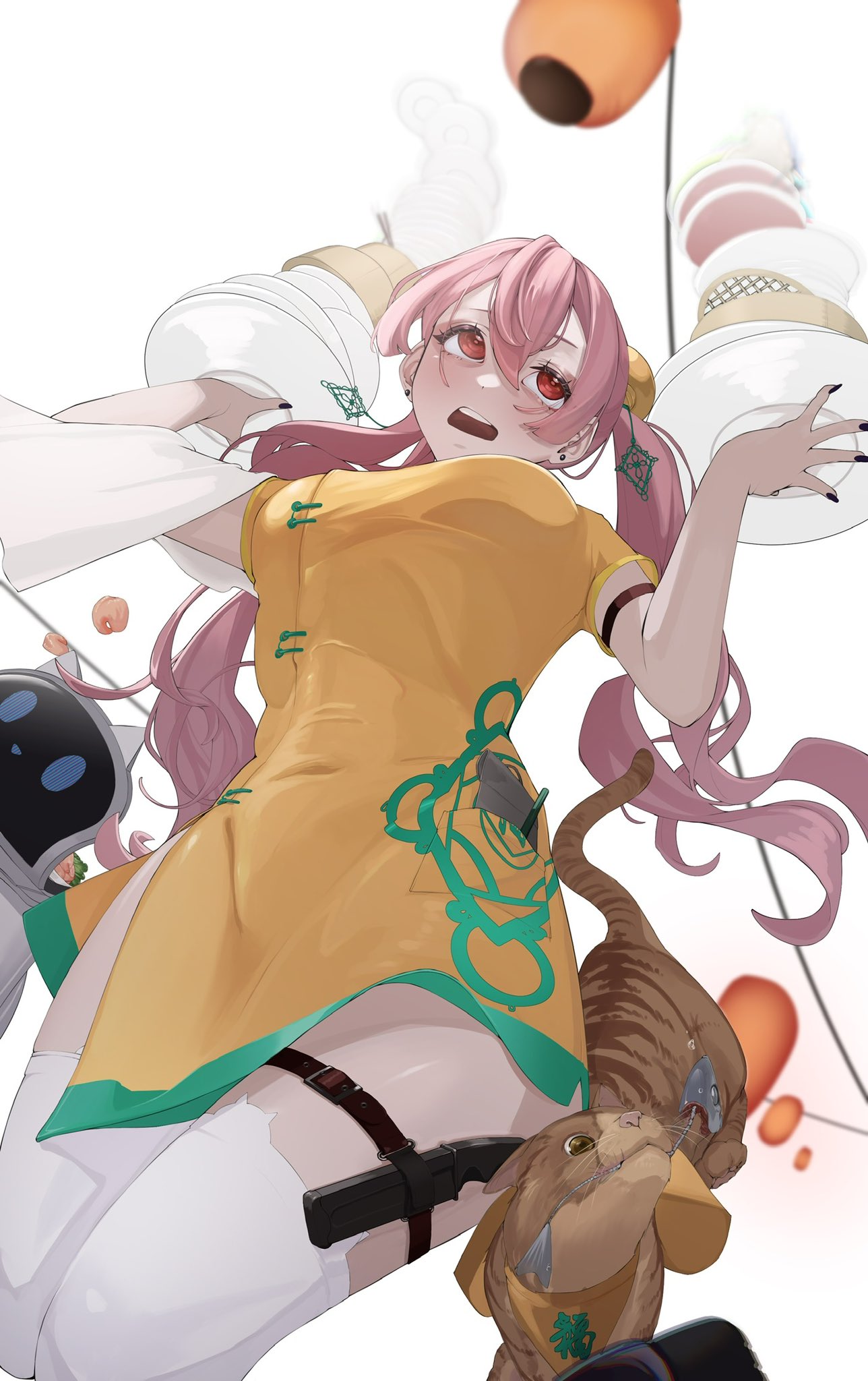 edge ill, original, hashtag-only commentary, highres, 1girl, animal, breasts, cat, china dress, chinese clothes, cowboy shot, double-parted bangs, dress, earrings, from below, hair between eyes, holding, holding plate, holster, jewelry, knife, knife sheath, large breasts, long hair, looking up, open mouth, pink hair, plate, plate stack, red eyes, robot, sheath, solo, stud earrings, thigh holster, thighhighs, thighs, white background, white thighhighs, yellow dress