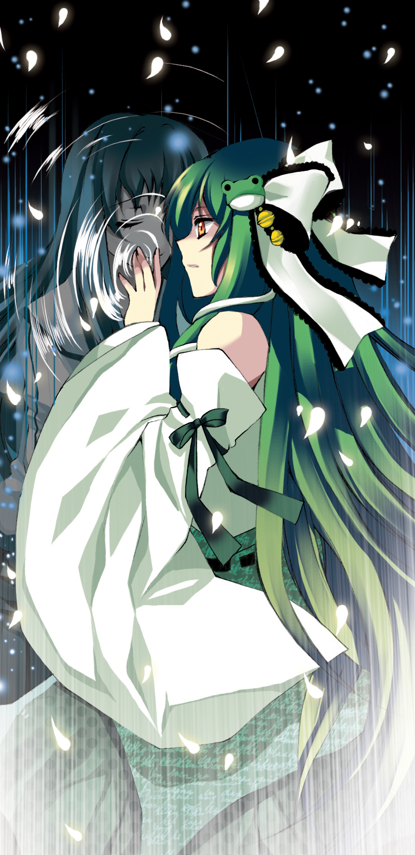 roh nam kyung, kochiya sanae, touhou, bad id, bad pixiv id, highres, 2girls, detached sleeves, different reflection, dual persona, female focus, frog, green hair, hair ornament, long hair, multiple girls, reflection, ribbon, very long hair, yellow eyes
