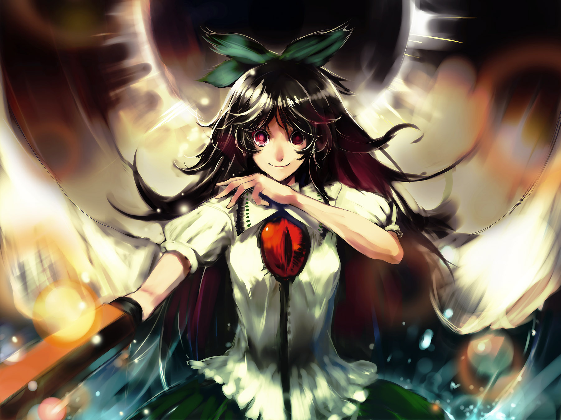 nokishita, reiuji utsuho, touhou, highres, 1girl, female focus, smile, solo