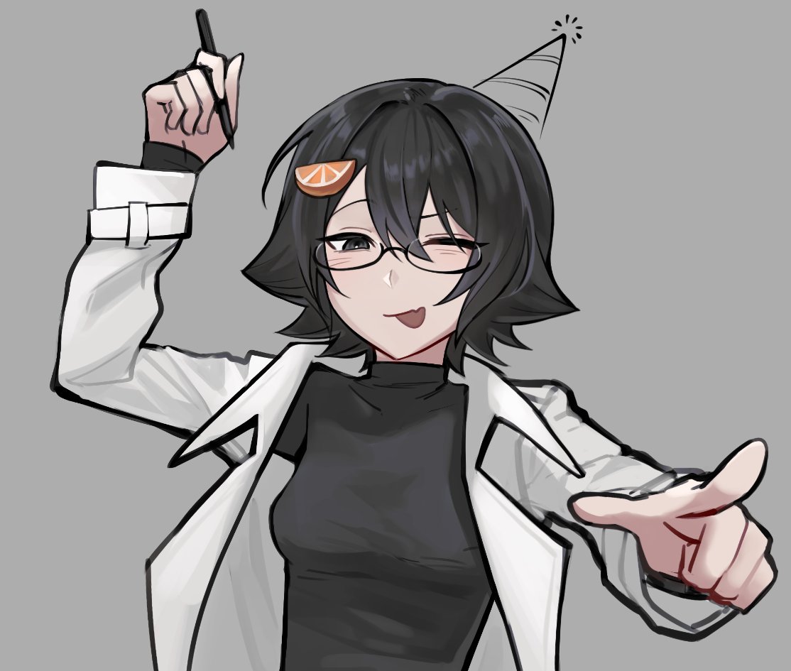 keomikan, han sooyoung, omniscient reader's viewpoint, 1girl, :p, ;p, black eyes, black shirt, coat, fang, food-themed hair ornament, hair ornament, han sooyoung (1863rd turn), holding, holding pen, one eye closed, open clothes, open coat, orange hair ornament, pen, pointing, pointing at viewer, popped collar, shirt, skin fang, solo, tongue, tongue out, upper body, white coat