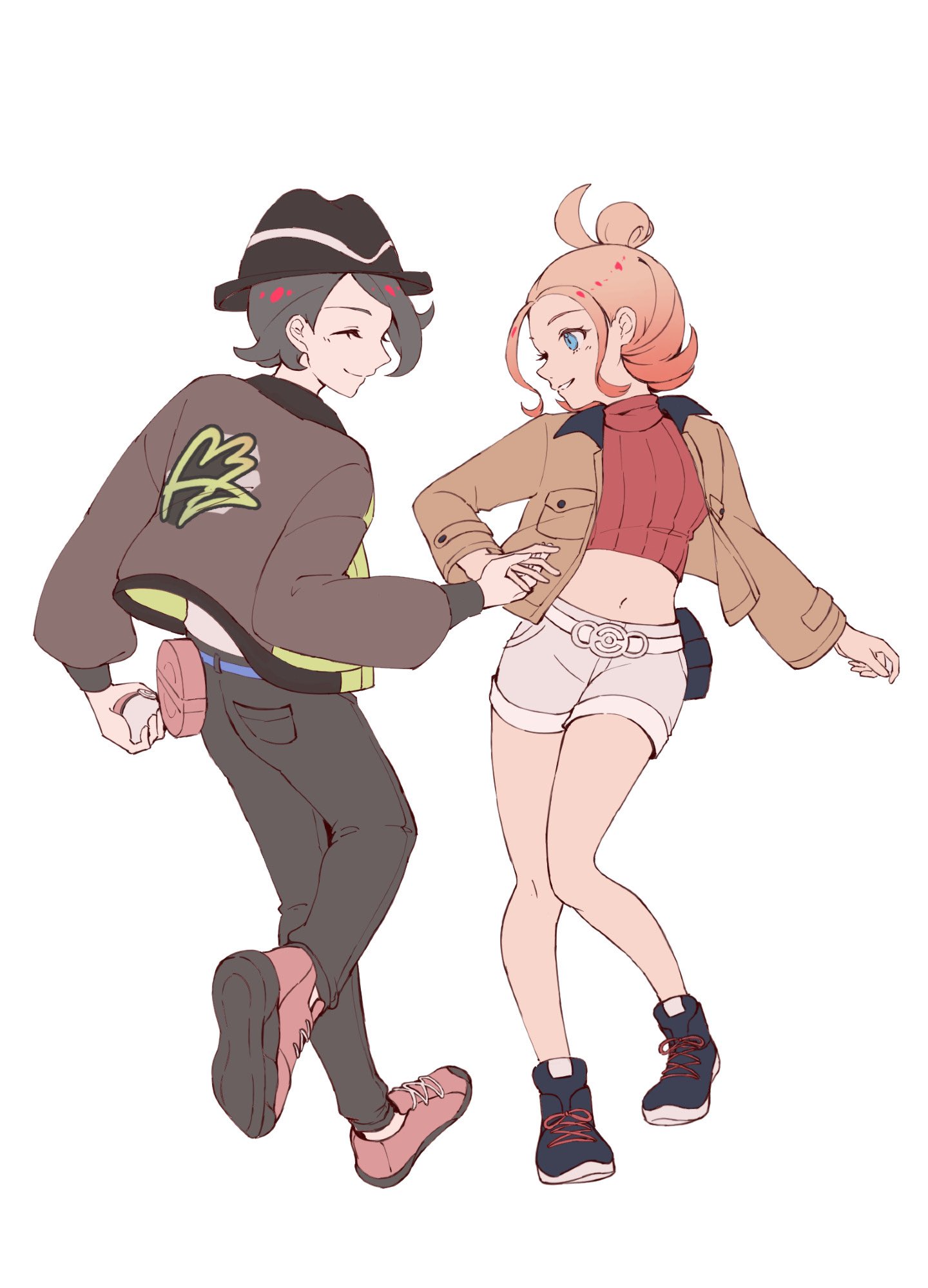 illycia, paxton (pokemon), taunie (pokemon), nintendo, pokemon, pokemon legends: z-a, highres, 1boy, 1girl, black hair, black hat, blue eyes, brown jacket, cropped shirt, gradient hair, hat, holding hands, jacket, looking at another, midriff, multicolored hair, navel, orange hair, shirt, shorts, smile, turtleneck, turtleneck shirt, white shorts