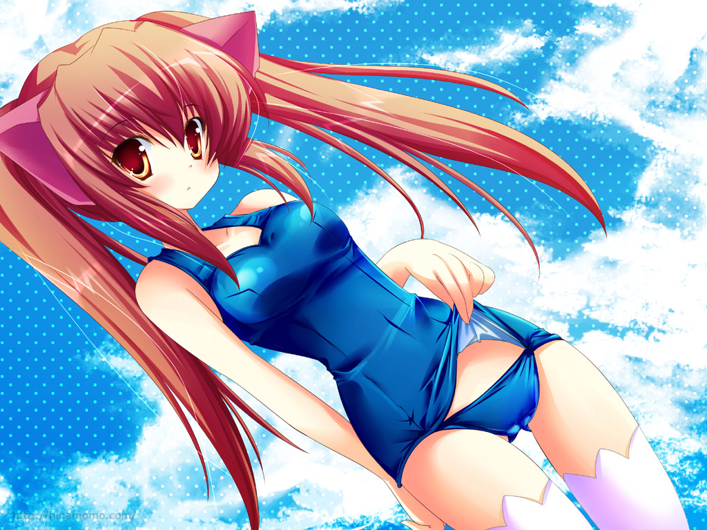 hinata momo, aloe, aloe (quiz magic academy), quiz magic academy, bad id, bad pixiv id, 1girl, animal ears, blush, breasts, brown eyes, brown hair, cat ears, dutch angle, female focus, long hair, one-piece swimsuit, school swimsuit, school swimsuit flap, solo, swimsuit, thighhighs, twintails, white thighhighs