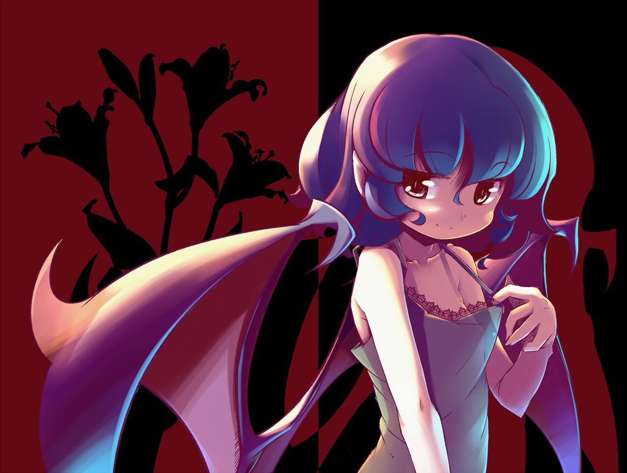 takahero, remilia scarlet, touhou, 1girl, bat wings, female focus, flat chest, flower, plant, purple hair, short hair, solo, standing, upper body, wings