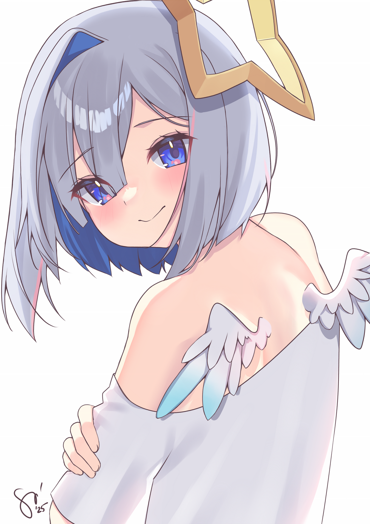 watashishi, amane kanata, hololive, highres, 1girl, alternate costume, angel, angel wings, blue hair, closed mouth, grey hair, hair intakes, halo, looking at viewer, looking back, mini wings, multicolored hair, pink streaks, purple eyes, shirt, solo, star halo, streaked hair, virtual youtuber, white background, white shirt, wings