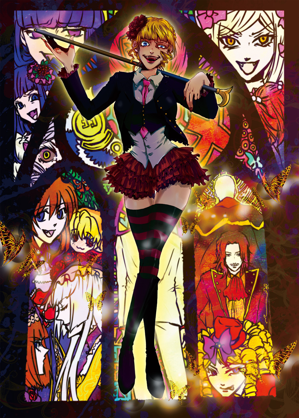 zonsters, beatrice (umineko), dlanor a. knox, eiserne jungfrau, eva beatrice, frederica bernkastel, furudo erika, gaap (umineko), lambdadelta, maria (umineko), ronove (umineko), sakutarou (umineko), ushiromiya ange, ushiromiya battler, ushiromiya kinzou, ushiromiya maria, virgilia (umineko), umineko no naku koro ni, striped legwear, highres, 00s, 4boys, 6+girls, blonde hair, blue eyes, boots, cane, crazy eyes, fangs, flower, frills, hair bobbles, hair ornament, knee boots, multiple boys, multiple girls, nail polish, necktie, pink necktie, red nails, ringlets, skirt, striped clothes, striped thighhighs, thighhighs