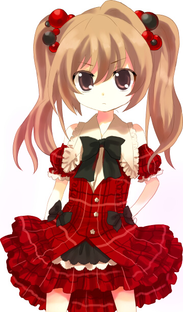 hayama eishi, nari otoko, aisaka taiga, toradora!, plaid, bad id, bad pixiv id, 00s, 1girl, aged down, brown eyes, brown hair, detached sleeves, dress, female focus, frills, hair bobbles, hair ornament, long hair, solo, twintails