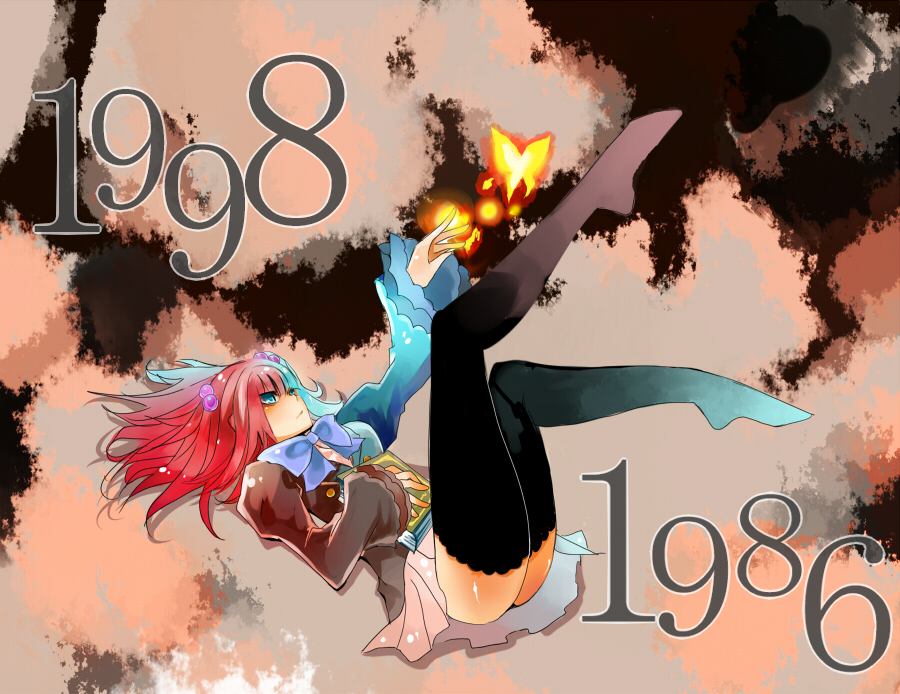 kudan, ushiromiya ange, umineko no naku koro ni, bad id, bad pixiv id, 00s, 1girl, ass, blue eyes, bow, bug, butterfly, female focus, hair bobbles, hair ornament, jacket, red hair, skirt, solo, thighhighs