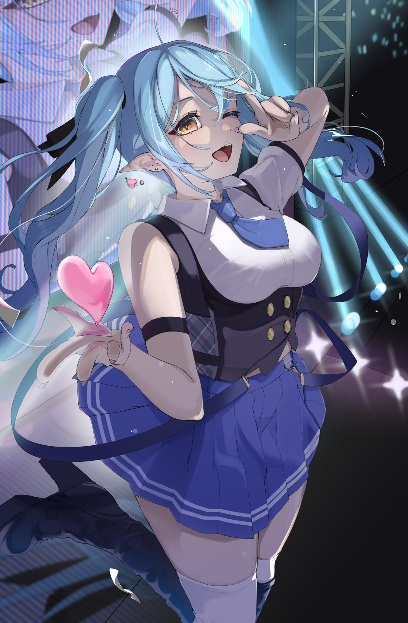 edge ill, yukihana lamy, hololive, commentary request, highres, 1girl, ahoge, alternate hairstyle, arm up, black boots, blue hair, blue necktie, blue skirt, boots, breasts, cowboy shot, crossed bangs, earrings, hair between eyes, hand up, heart, heart ahoge, holding, holding heart, jewelry, knee boots, large breasts, long hair, looking at viewer, miniskirt, necktie, one eye closed, open mouth, pointy ears, shirt, short necktie, skirt, smile, solo, standing, standing on one leg, stud earrings, thighhighs, twintails, underbust, virtual youtuber, white shirt, white thighhighs, yellow eyes