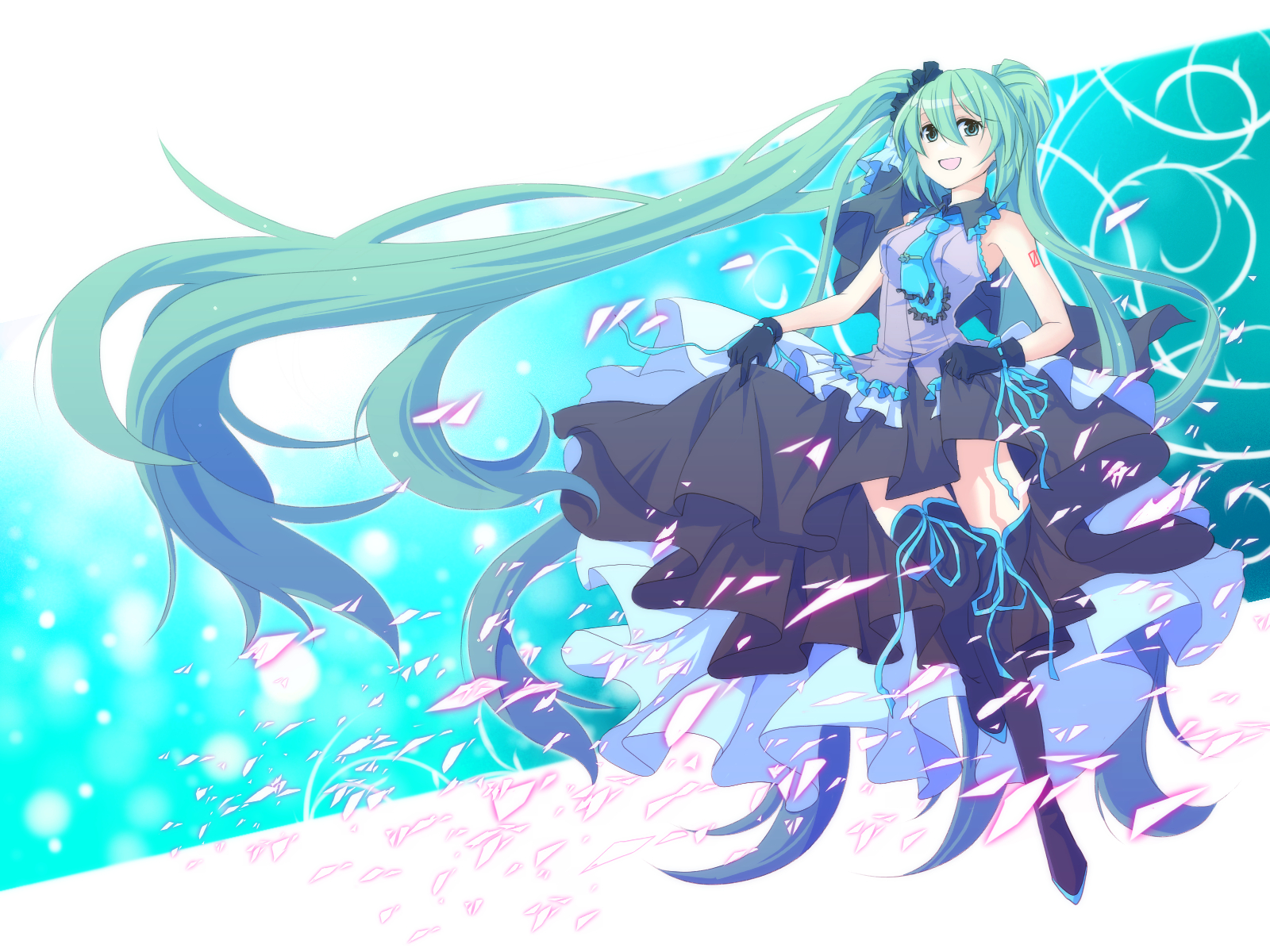 hiiro (kikokico), kiko, hatsune miku, vocaloid, highres, 1girl, aqua eyes, aqua hair, dress, female focus, gloves, legs, long hair, necktie, solo, thighhighs, twintails, very long hair