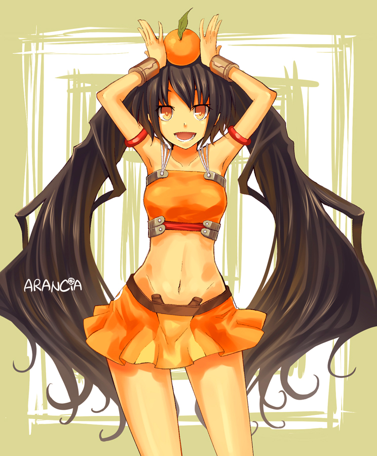 ochakai shin'ya, arancia, original, bad id, bad pixiv id, 1girl, armpits, brown hair, character name, female focus, food, fruit, long hair, midriff, orange (fruit), orange eyes, orange skirt, skirt, solo, twintails