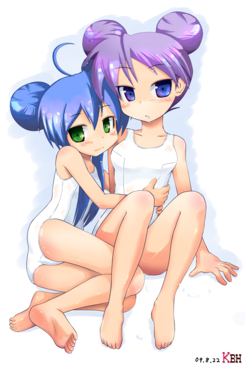 kazuboh, hiiragi kagami, izumi konata, lucky star, bad id, bad pixiv id, highres, 00s, 2girls, ahoge, alternate hairstyle, artistic error, barefoot, blue eyes, blue hair, double bun, feet, green eyes, hug, long hair, mole, mole under eye, multiple girls, one-piece swimsuit, purple hair, school swimsuit, swimsuit, white one-piece swimsuit, white school swimsuit, yuri