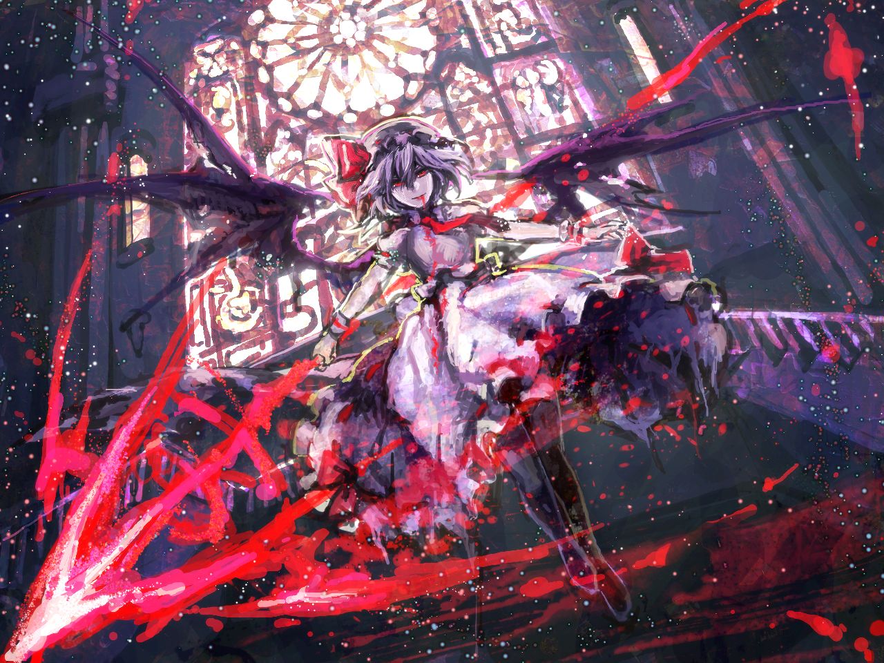 syero, yamada rokkaku, remilia scarlet, touhou, 1girl, black thighhighs, blood, female focus, polearm, solo, spear, spear the gungnir, thighhighs, weapon, window
