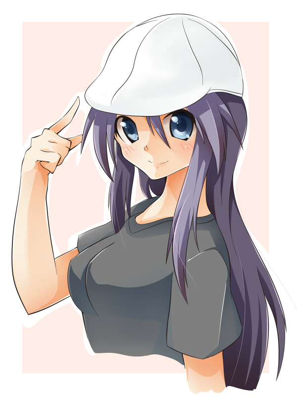 shing (sorairo factory), hiiragi miki, lucky star, 00s, blue eyes, hat, long hair, pointing, purple hair, solo, white hat