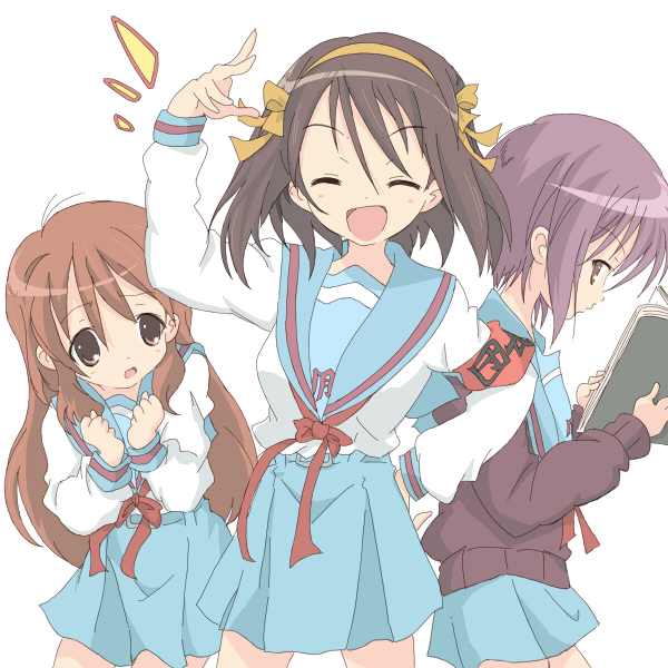 core (mayomayo), asahina mikuru, nagato yuki, suzumiya haruhi, suzumiya haruhi no yuuutsu, bad id, bad pixiv id, 00s, armband, book, brown eyes, brown hair, cardigan, closed eyes, grey hair, long hair, open book, open mouth, reading, school uniform, serafuku, short hair
