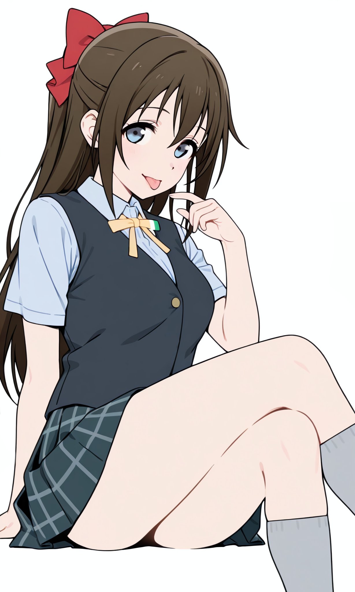 oikawa shizuku, love live!, love live! nijigasaki high school idol club, commentary, highres, 1girl, :p, black vest, blue eyes, blue shirt, bow, breasts, brown hair, crossed legs, dania7x, dot nose, dress shirt, green skirt, grey socks, hair bow, hand on ground, hand up, long hair, looking at viewer, medium breasts, miniskirt, neck ribbon, nijigasaki school uniform, red bow, ribbon, school uniform, shirt, skirt, socks, solo, straight hair, tareme, thighs, tongue, tongue out, vest, yellow ribbon
