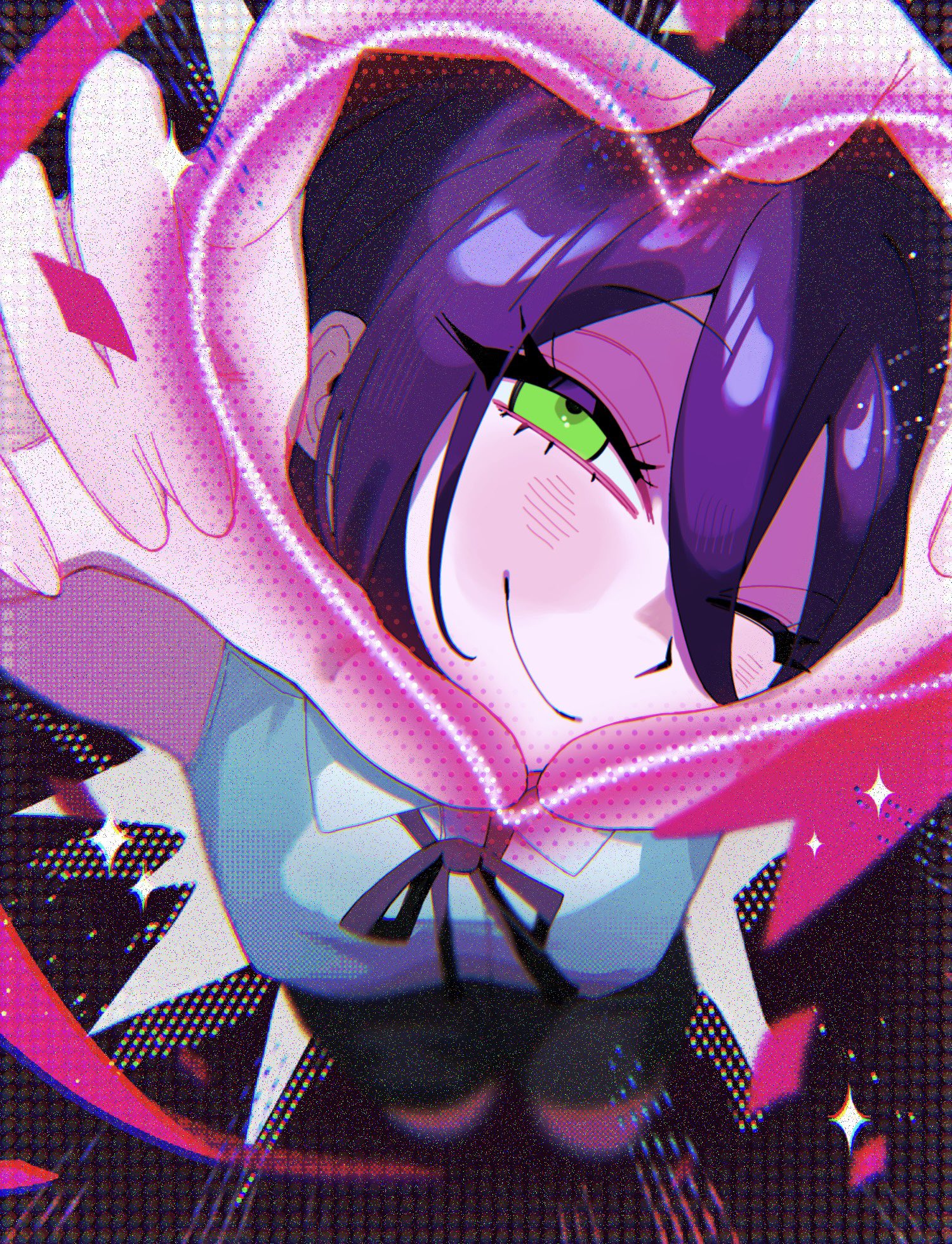 kuzyaku, reze (chainsaw man), chainsaw man, highres, 1girl, blush, dress shirt, from above, green eyes, happy, head tilt, heart, heart hands, one eye closed, purple hair, ribbon, shirt, shorts, sleeveless, sleeveless shirt, smile, thighhighs, zettai ryouiki