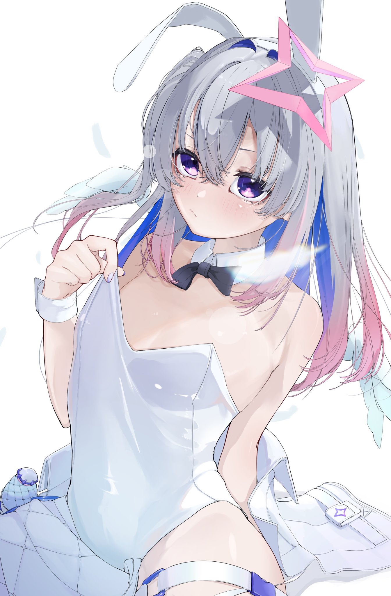 edge ill, amane kanata, hololive, hashtag-only commentary, highres, 1girl, angel, angel wings, animal ear hairband, animal ears, black bow, black bowtie, bow, bowtie, breasts, closed mouth, colored inner hair, cowboy shot, detached collar, double-parted bangs, fake animal ears, feathered wings, feathers, grey hair, hair between eyes, hairband, halo, leotard, leotard lift, long hair, looking at viewer, multicolored hair, petite, pink streaks, playboy bunny, purple eyes, rabbit ear hairband, rabbit ears, simple background, small breasts, solo, star halo, strapless, strapless leotard, streaked hair, virtual youtuber, white background, white leotard, white wrist cuffs, wings, wrist cuffs