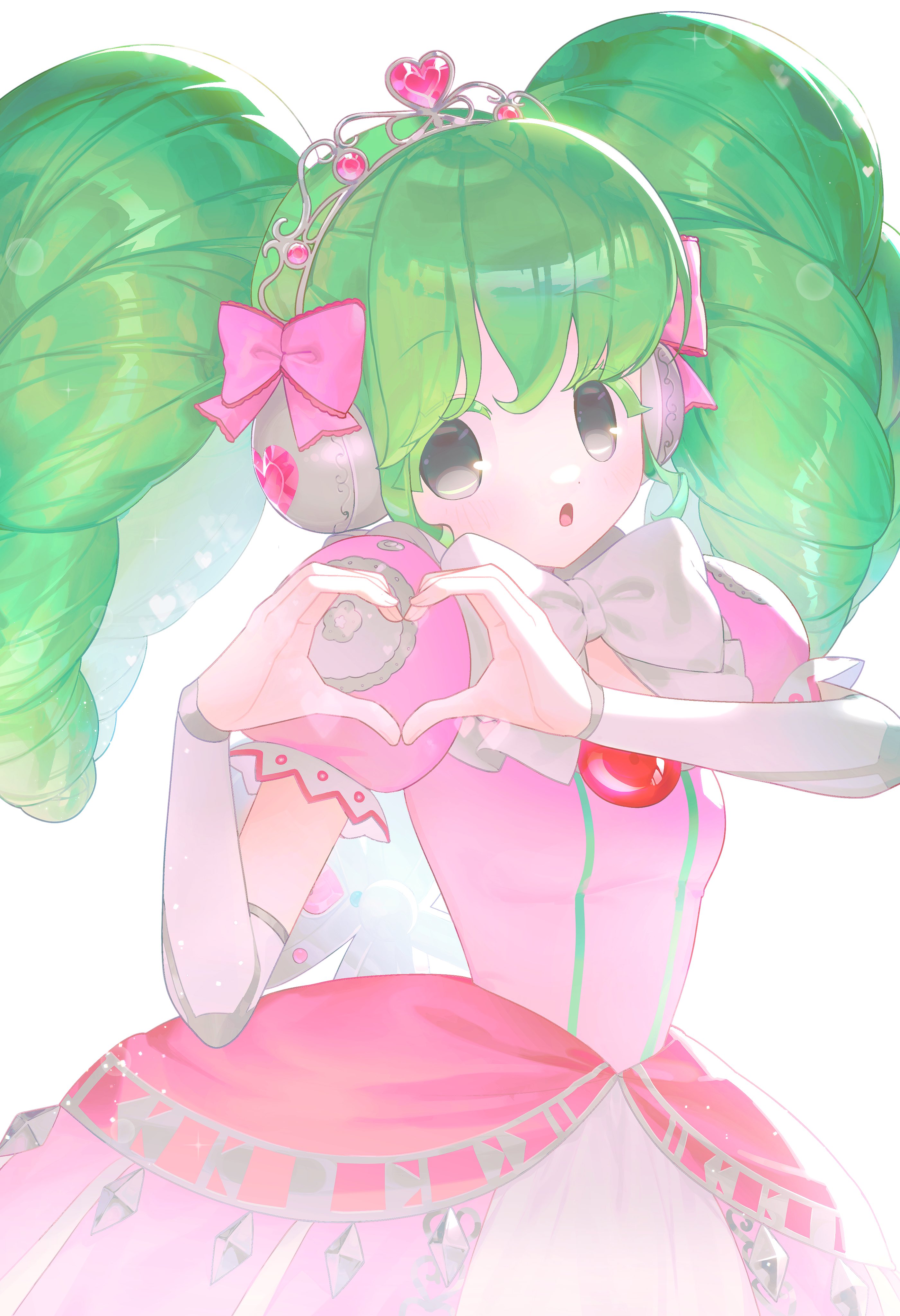 falulu, pretty series, pripara, absurdres, commentary request, highres, korean commentary, 00 soyo, 1girl, :o, bow, bowtie, breasts, colored eyelashes, detached sleeves, dress, green hair, grey eyes, hair bow, headphones, heart, heart hands, long hair, long sleeves, looking at viewer, open mouth, pink bow, pink dress, puffy short sleeves, puffy sleeves, ringlets, short sleeves, silver tiara, small breasts, solo, tiara, white background, white bow, white bowtie, white sleeves