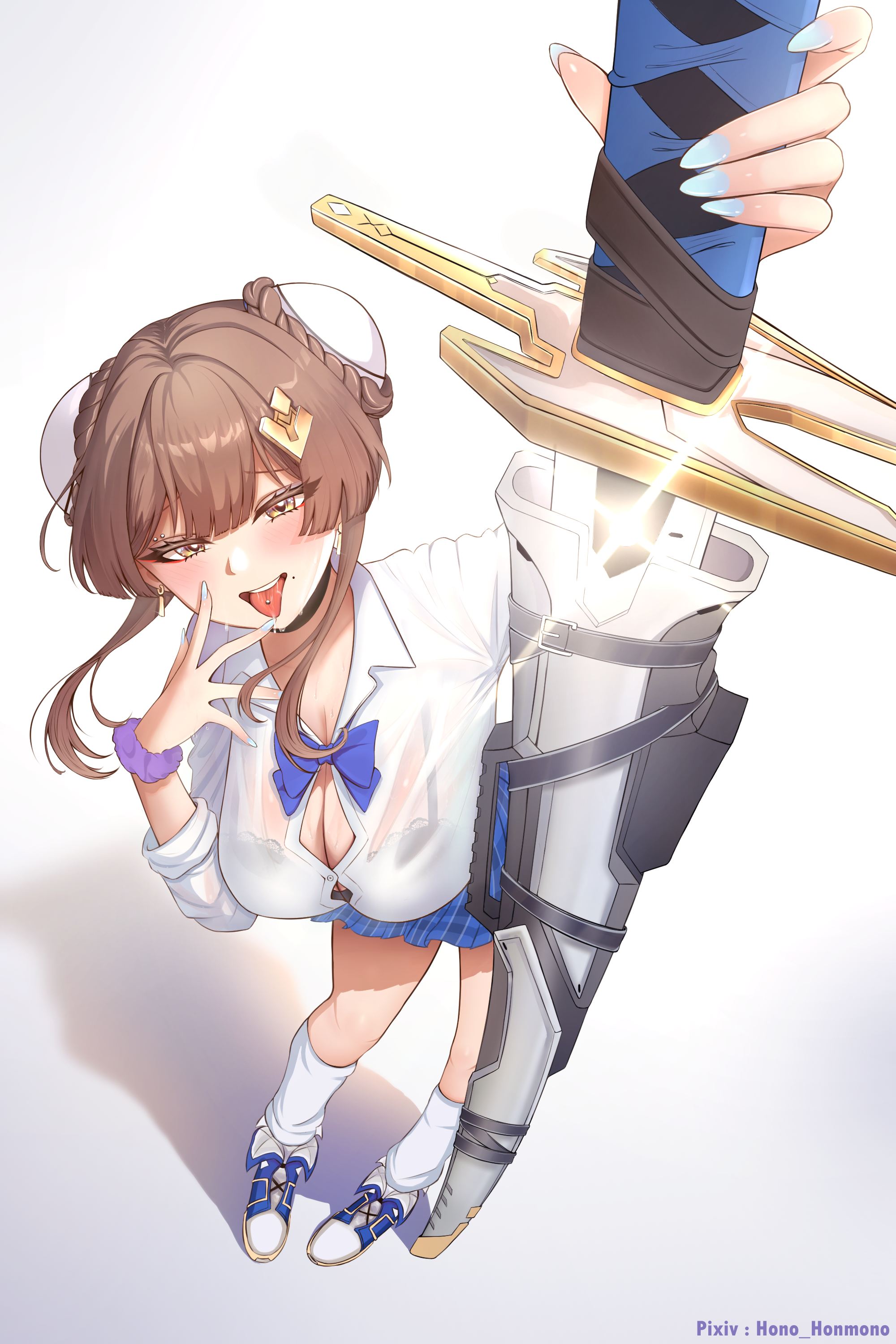 yuki (chaos zero nightmare), chaos zero nightmare, absurdres, highres, 1girl, arm up, black bra, blue bow, blue nails, blue skirt, blush, bow, bra, braid, braided bun, breasts, brown hair, bun cover, button gap, choker, cleavage, curvy, double bun, dress, drooling, eyeliner, gyaru, hair bun, hair ornament, holding, holding sword, holding weapon, hono honmono, huge weapon, jacket, large breasts, looking at viewer, makeup, mole, mole under mouth, open mouth, piercing, red eyeliner, school uniform, see-through clothes, see-through shirt, shirt, shoes, short hair with long locks, skirt, sneakers, socks, solo, sword, thighs, tongue, tongue out, tongue piercing, underwear, weapon, white shirt, white socks, yellow eyes