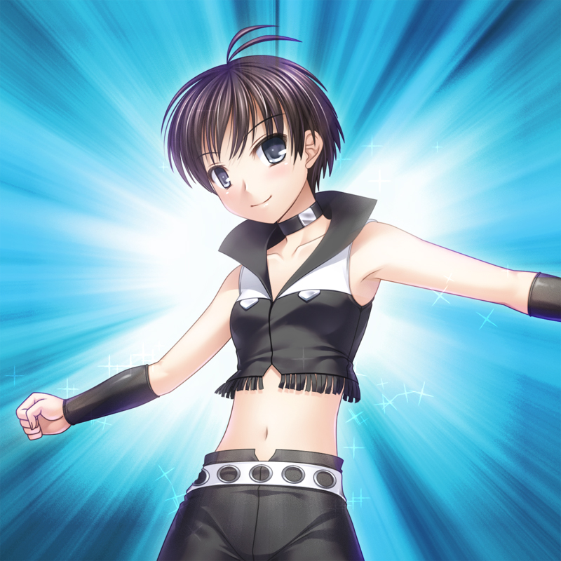 totokichi, kikuchi makoto, idolmaster, idolmaster (classic), bad id, bad pixiv id, 00s, 1girl, antenna hair, black eyes, blush, brown hair, choker, cool & sexy (idolmaster), female focus, flat chest, short hair, smile, solo, tomboy