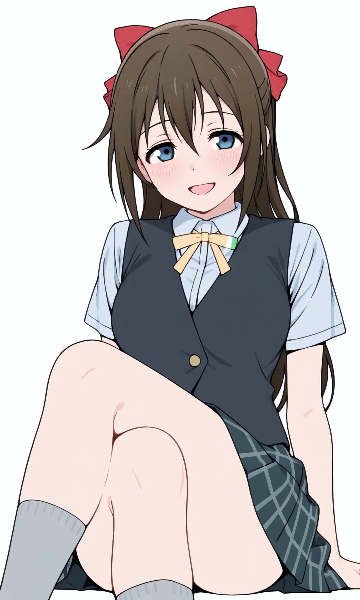 osaka shizuku, love live!, love live! nijigasaki high school idol club, commentary, highres, 1girl, :d, black vest, blue eyes, blue shirt, bow, breasts, brown hair, crossed legs, dania7x, dot nose, dress shirt, green skirt, grey socks, hair between eyes, hair bow, hands on ground, legs together, light blush, long hair, looking at viewer, medium breasts, miniskirt, neck ribbon, nijigasaki school uniform, open mouth, pleated skirt, red bow, ribbon, school uniform, shirt, short sleeves, simple background, sitting, skirt, smile, socks, solo, straight-on, straight hair, tareme, thighs, vest, white background, yellow ribbon