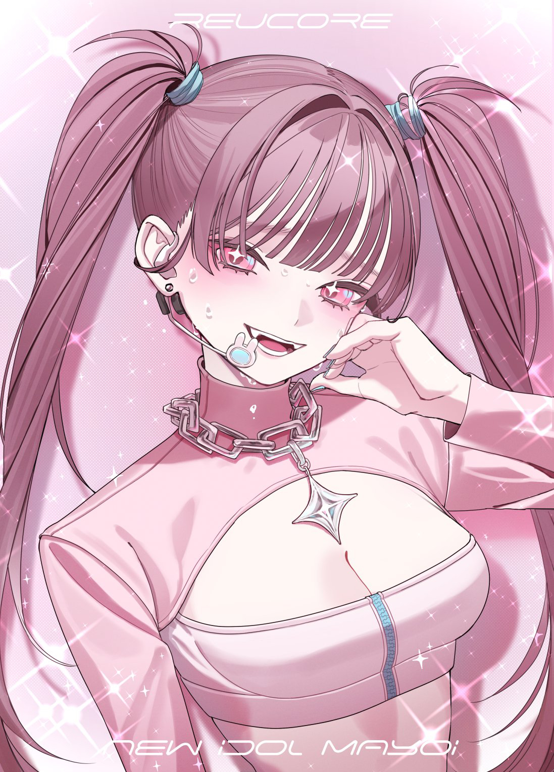 shinonome nemu (nemulog sn), original, highres, 1girl, :d, aqua nails, blunt bangs, blush, breasts, brown hair, cleavage, cleavage cutout, clothing cutout, cropped jacket, gradient background, headset, jacket, jewelry, long hair, long sleeves, looking at viewer, medium breasts, nail polish, necklace, open mouth, pink background, pink eyes, pink jacket, smile, solo, sparkle, sparkling eyes, sweat, twintails, upper body, zipper