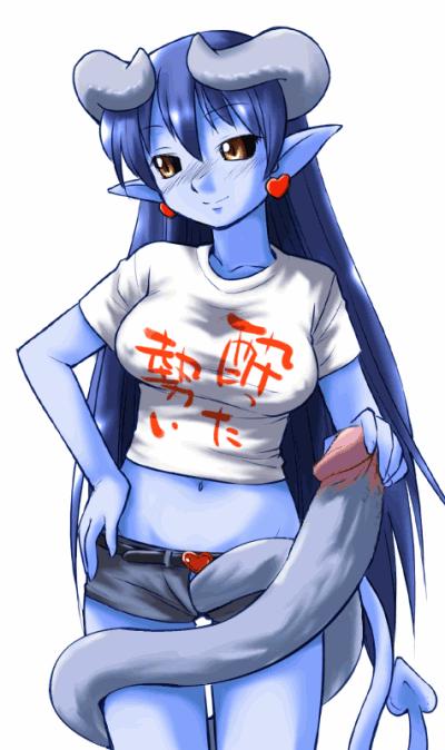 astaroth (shinrabanshou), shinrabanshou, 1futa, black sclera, blue skin, blush, breasts, colored sclera, colored skin, demon girl, earrings, futanari, horns, jewelry, large breasts, large penis, long hair, midriff, navel, penis, pointy ears, short shorts, shorts, simple background, smile, solo, tail, yellow eyes