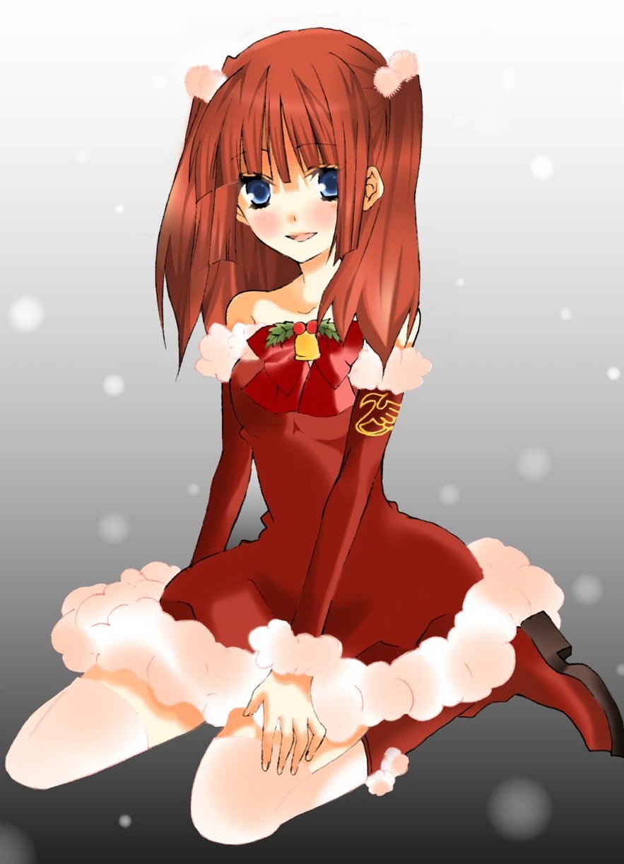 kinatsu souju, ushiromiya ange, umineko no naku koro ni, highres, 00s, 1girl, bell, blush, boots, christmas, dress, female focus, gradient background, hair bobbles, hair ornament, holly, red hair, ribbon, smile, solo, thighhighs
