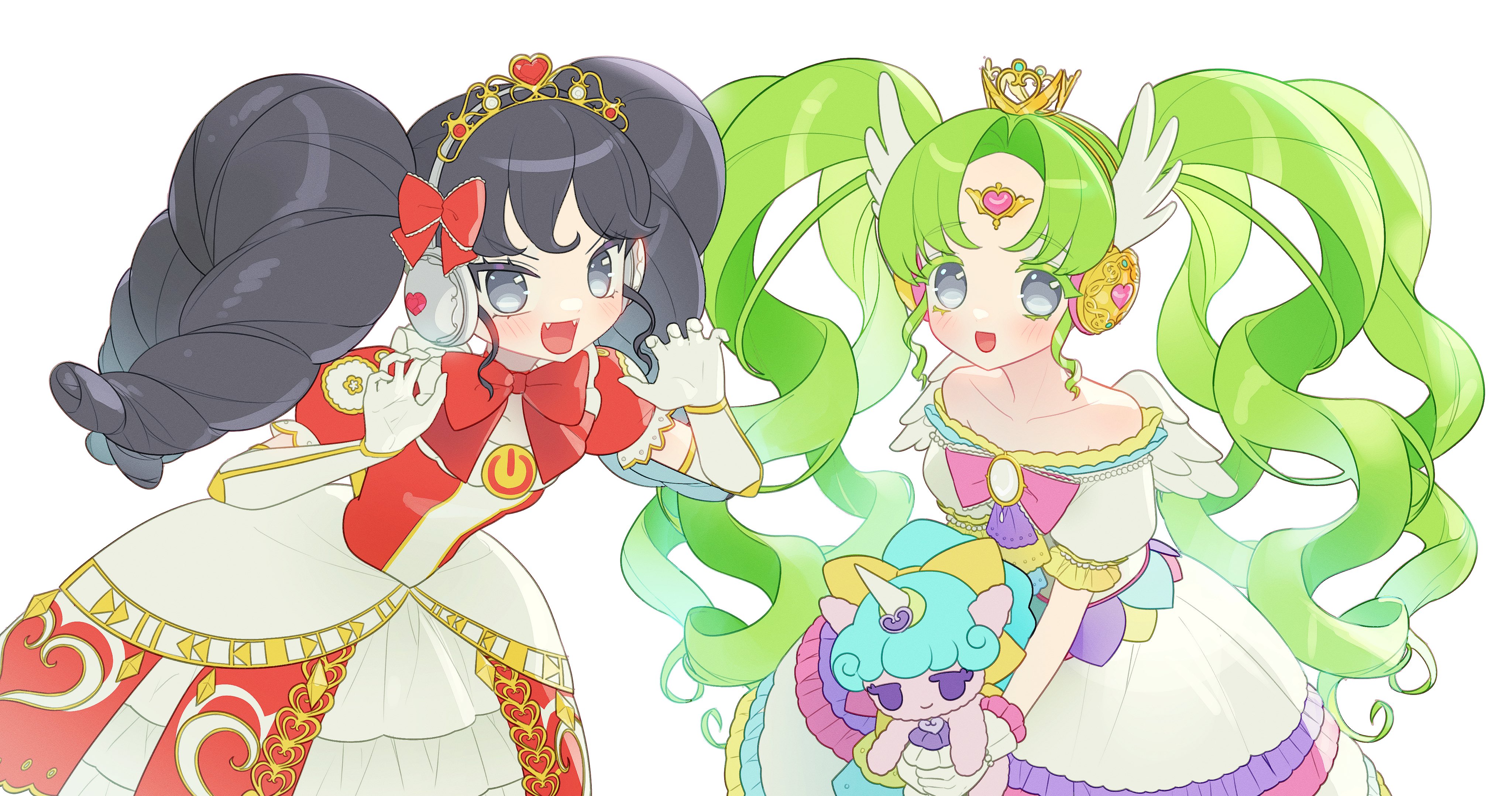 falulu, falulu (awakened), gaaruru (pripara), unicorn (pripara), pretty series, pripara, absurdres, commentary request, highres, korean commentary, 00 soyo, 2girls, :d, black eyes, black hair, blue dress, bow, bowtie, breasts, claw pose, collarbone, colored eyelashes, crown, dress, elbow gloves, fangs, forehead jewel, frilled bow, frills, gloves, gold crown, gold tiara, green hair, hair bow, hair ornament, headphones, long hair, looking at viewer, mini crown, multicolored dress, multiple girls, off-shoulder dress, off shoulder, open mouth, parted bangs, pink dress, puffy short sleeves, puffy sleeves, purple dress, quad tails, red bow, red bowtie, red dress, ringlets, short sleeves, simple background, small breasts, smile, tiara, two-tone dress, very long hair, white background, white dress, white gloves, white wings, wing hair ornament, wings
