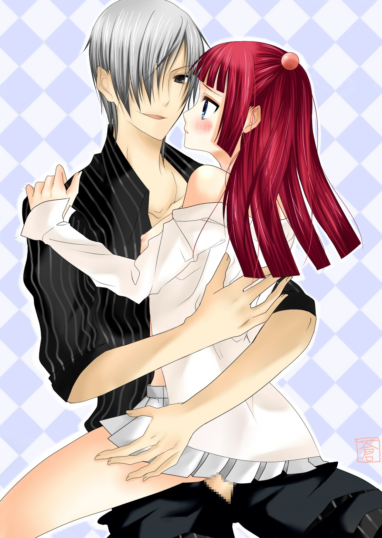 kinatsu souju, amakusa juuza, ushiromiya ange, umineko no naku koro ni, silver hair, bad id, bad pixiv id, highres, 00s, 1boy, 1girl, black eyes, blue eyes, censored, hair bobbles, hair ornament, hetero, mosaic censoring, open clothes, open shirt, penis, red hair, sex, shirt, skirt