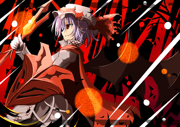 mashayuki, remilia scarlet, touhou, light purple hair, 1girl, bat wings, cape, closed mouth, expressionless, female focus, from side, hat, hat ribbon, mob cap, profile, red eyes, ribbon, short hair, solo, wings