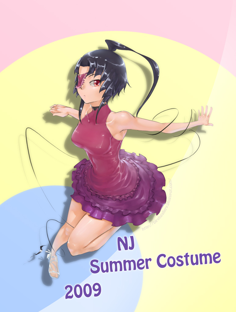 black light, original, bad id, bad pixiv id, black hair, dress, eyepatch, long hair, ponytail, red eyes, sandals, solo