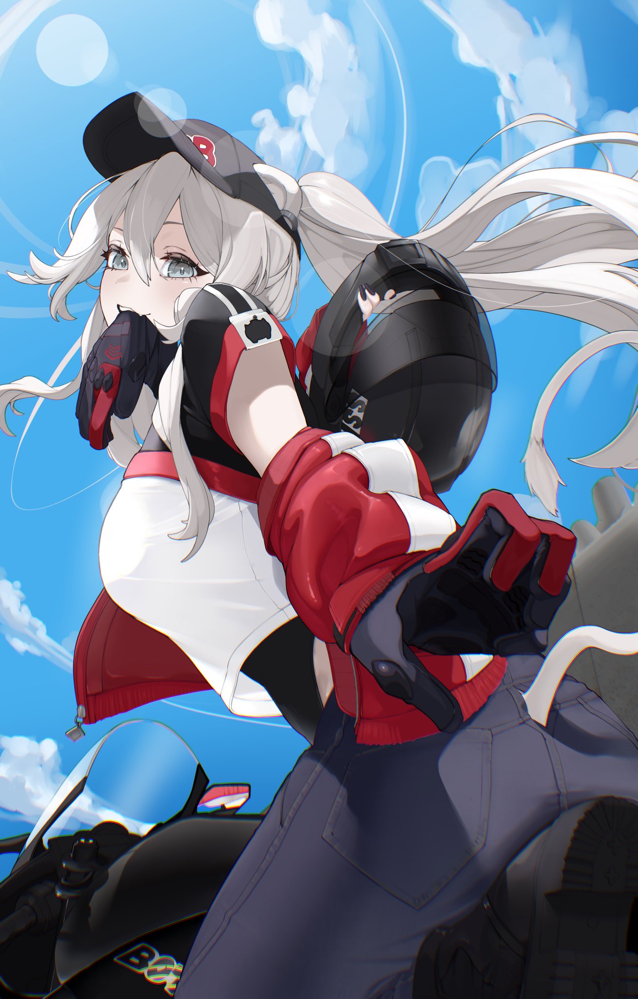 edge ill, shishiro botan, hololive, hashtag-only commentary, highres, 1girl, animal ears, baseball cap, black gloves, black hat, blue pants, blue sky, breasts, cloud, cowboy shot, day, double-parted bangs, ears through headwear, glove in mouth, gloves, grey eyes, grey hair, hair between eyes, hat, helmet, jacket, jacket partially removed, large breasts, lion ears, lion girl, lion tail, long hair, looking at viewer, motor vehicle, motorcycle, motorcycle helmet, mouth hold, on motorcycle, outdoors, pants, red jacket, shirt, sidelocks, sky, smile, solo, tail, virtual youtuber, white shirt