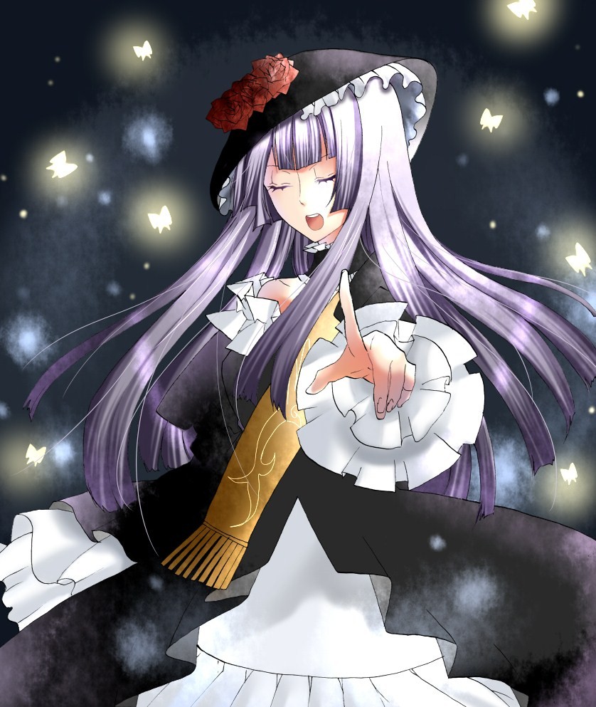 kinatsu souju, virgilia (umineko), umineko no naku koro ni, bad id, bad pixiv id, 00s, blunt bangs, bug, butterfly, closed eyes, hat, hime cut, insect, long hair, solo