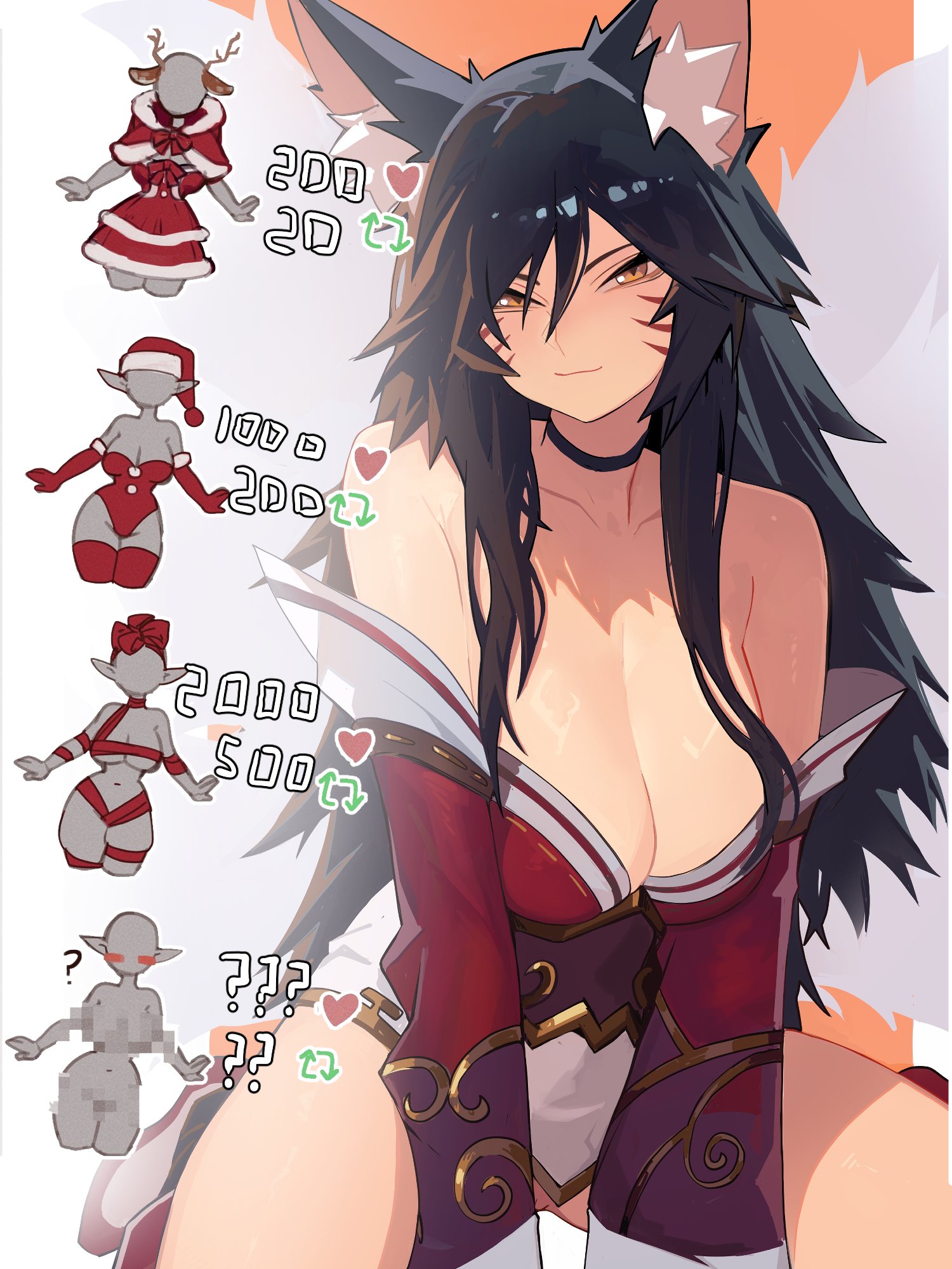 distr, ahri (league of legends), league of legends, commentary, english commentary, highres, 1girl, :3, animal ear fluff, animal ears, bare shoulders, between legs, black choker, black hair, breasts, choker, cleavage, closed mouth, collarbone, detached sleeves, dress, facial mark, fox ears, fox girl, fox tail, hair between eyes, hand between legs, hanging breasts, korean clothes, large breasts, like and retweet, long hair, low neckline, orange eyes, red dress, sidelocks, sitting, tail, twitter strip game, very long hair, wariza, whisker markings