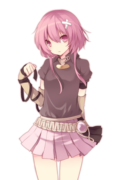 hijiri (resetter), hiz (pixiv), original, bad id, bad pixiv id, 1girl, arm ribbon, arm warmers, bandages, casual, female focus, head tilt, long hair, pink eyes, pink hair, pleated skirt, ribbon, short hair with long locks, sidelocks, simple background, skirt, solo, thigh gap