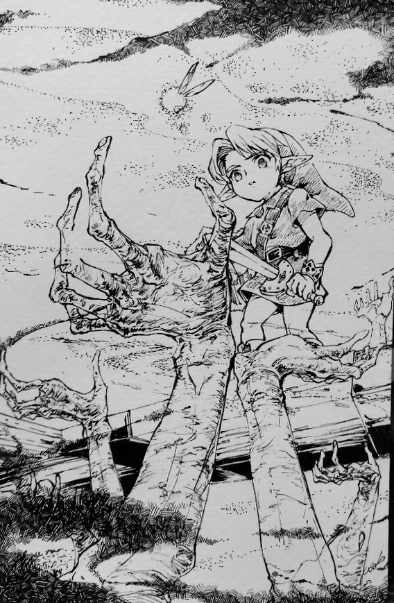 kandori makoto, link, navi, nintendo, the legend of zelda, the legend of zelda: ocarina of time, traditional media, 1boy, disembodied hand, fairy, from below, greyscale, hat, holding, holding shield, holding sword, holding weapon, monochrome, outstretched arms, shield, sword, tunic, underwater, weapon