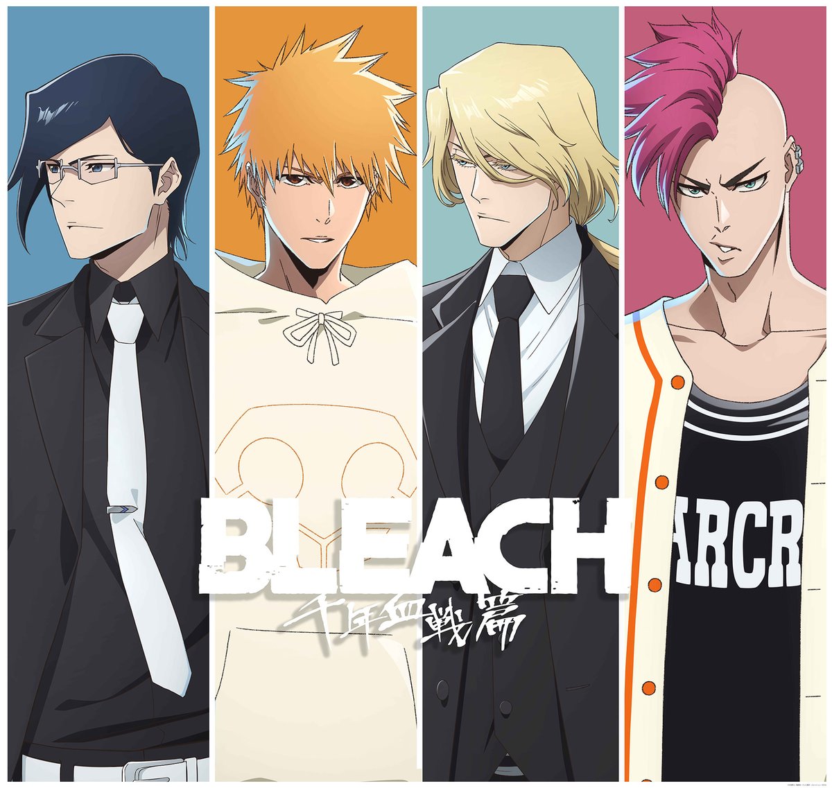 bazz-b, ishida uryuu, jugram haschwalth, kurosaki ichigo, bleach, bleach: sennen kessen-hen, official art, 4boys, belt, blonde hair, blue hair, brown eyes, closed mouth, collarbone, copyright name, earrings, formal clothes, glasses, jewelry, long hair, looking at viewer, medium hair, multiple boys, necktie, orange hair, quincy (bleach), shirt, short hair, simple background, sternritter, suit, sweater, upper body