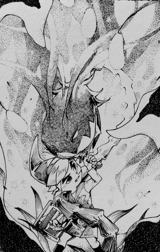 kandori makoto, link, toon link, nintendo, the legend of zelda, the legend of zelda: the wind waker, traditional media, 1boy, fighting, greyscale, hat, kalle demos, monochrome, monster, open mouth, shield, sword, tunic, weapon