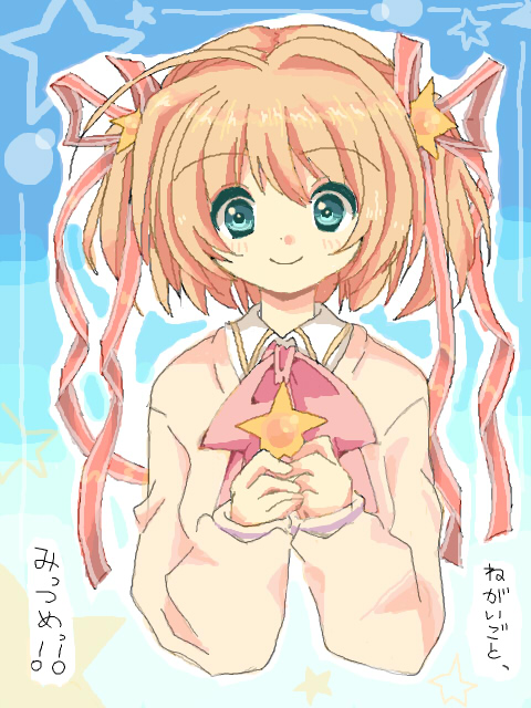 imo mushi, kamikita komari, little busters!, 1girl, blonde hair, blue eyes, bow, female focus, pink bow, ribbon, school uniform, short hair, solo, star (symbol)