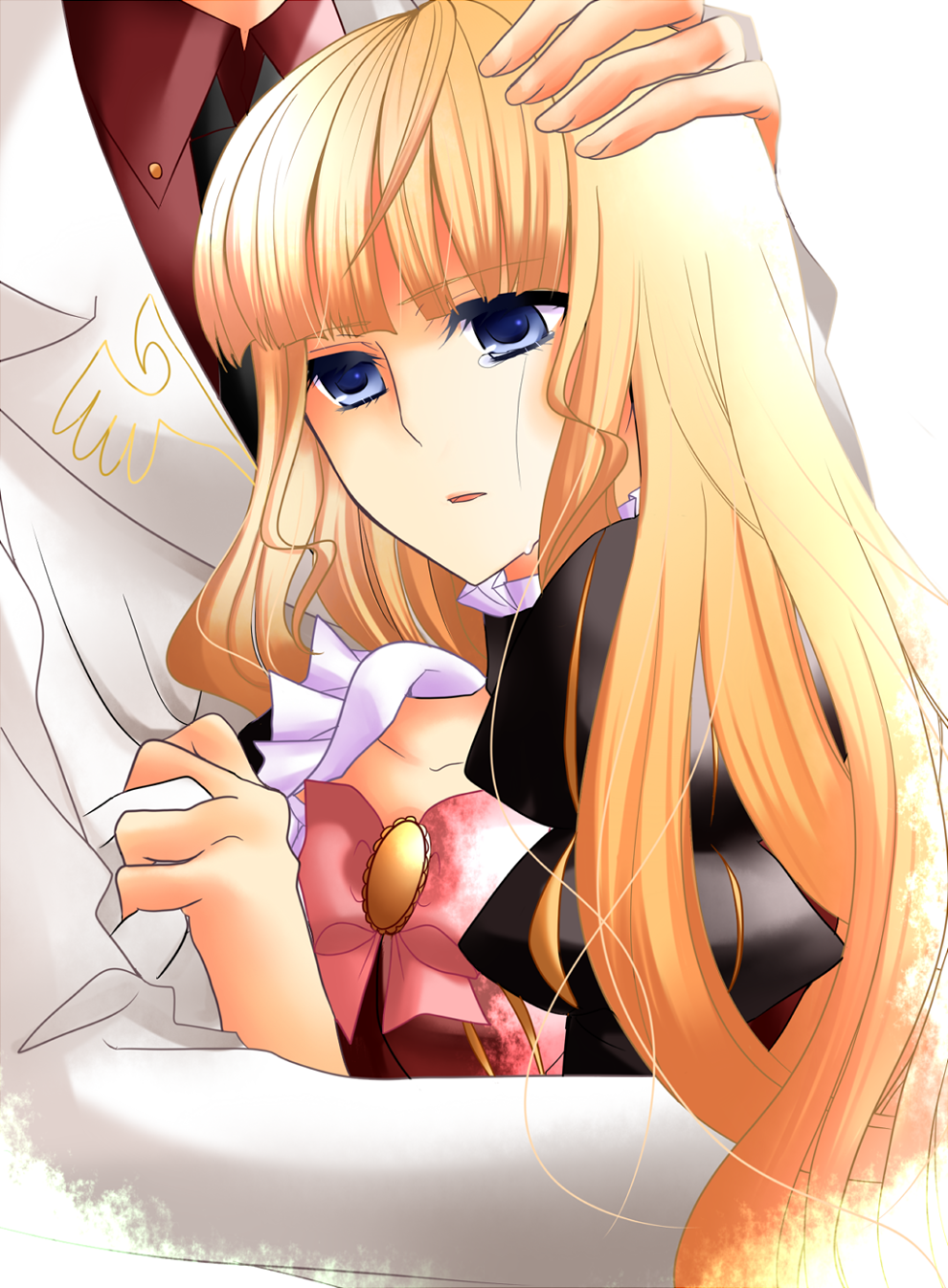 kinatsu souju, beatrice (umineko), umineko no naku koro ni, bad id, bad pixiv id, highres, 00s, 1girl, alternate hairstyle, blonde hair, blue eyes, bow, female focus, pink bow, solo, tears