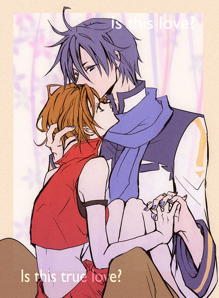 norihe, kaito (vocaloid), meiko (vocaloid), vocaloid, 1boy, 1girl, blue hair, blue nails, blue scarf, brown hair, couple, hetero, holding hands, interlocked fingers, kiss, kissing forehead, nail polish, red nails, scarf, short hair