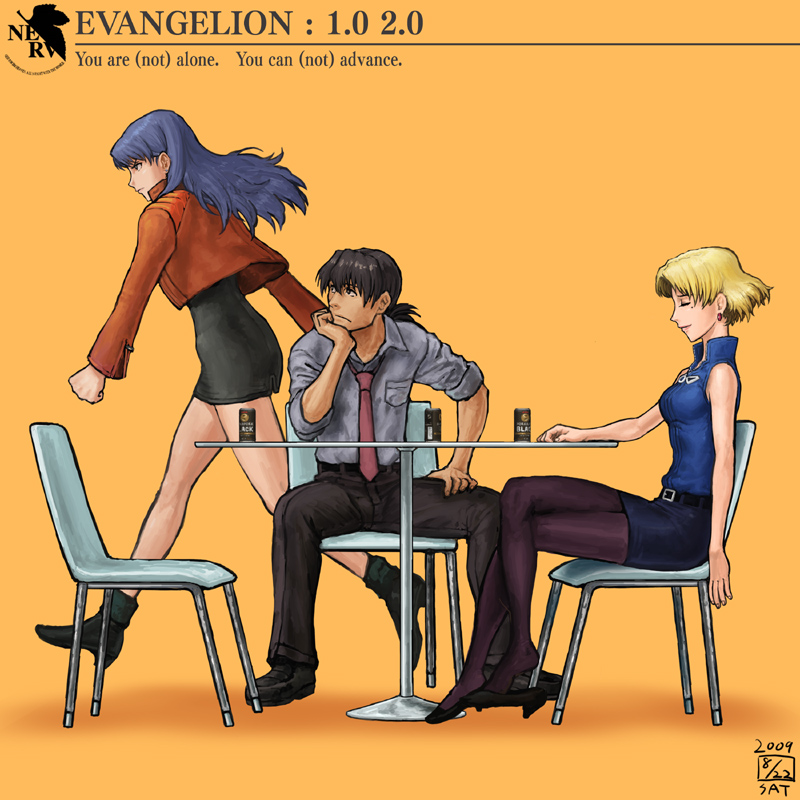 ikeda (cpt), akagi ritsuko, kaji ryouji, katsuragi misato, neon genesis evangelion, yebisu, md5 mismatch, 1boy, 2girls, alcohol, angry, beer, blonde hair, can, high heels, mole, mole under eye, multiple girls, pantyhose, pencil skirt, shoe dangle, sitting, skirt