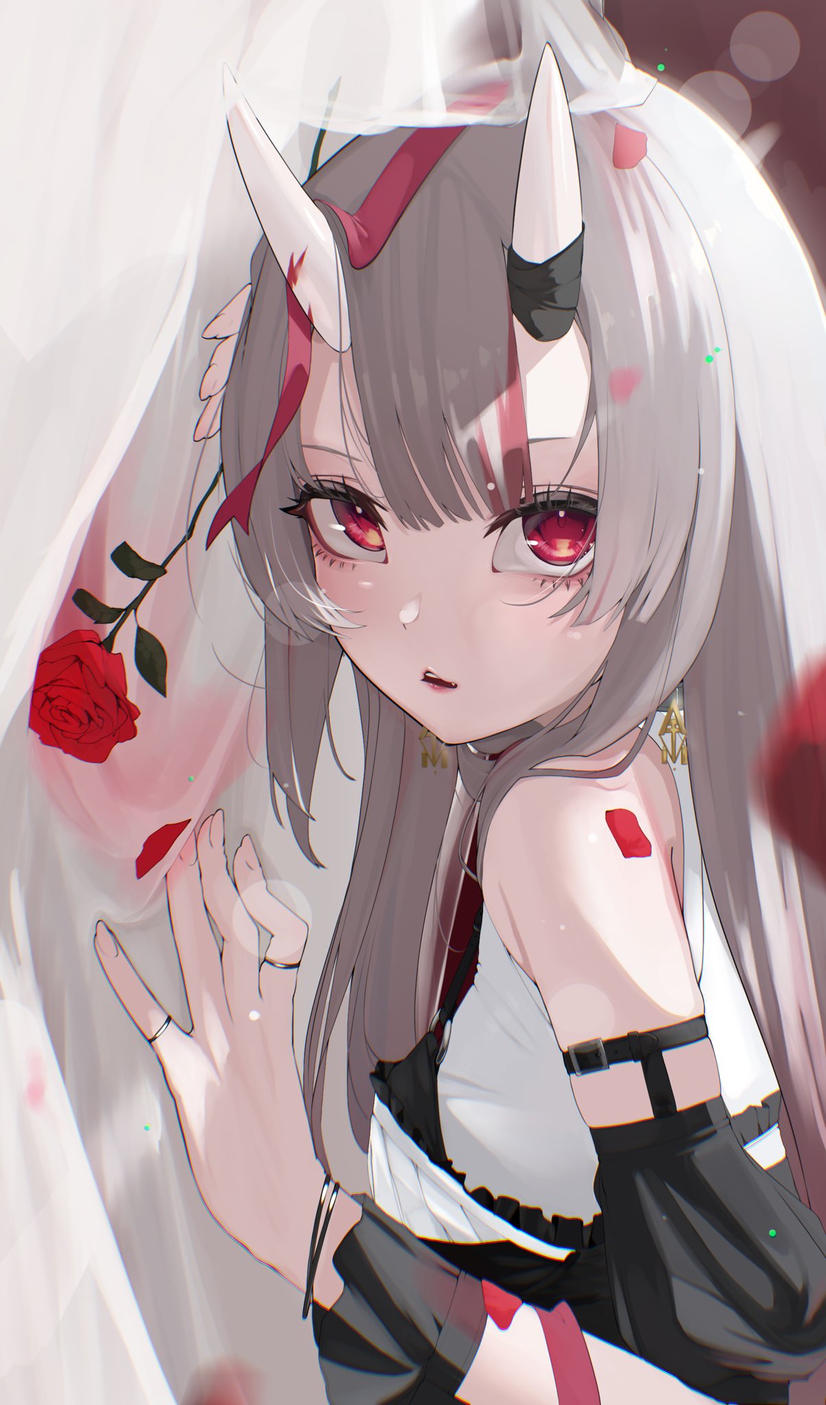 edge ill, nakiri ayame, hololive, commentary request, highres, 1girl, black dress, bracelet, breasts, double-parted bangs, dress, earrings, flower, from side, grey hair, horns, jewelry, long hair, looking at viewer, multicolored hair, multiple rings, oni, open mouth, red eyes, red flower, red rose, red streaks, ring, rose, skin-covered horns, solo, streaked hair, upper body, virtual youtuber