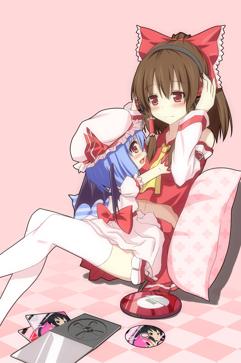 dinyc, hakurei reimu, nakano azusa, remilia scarlet, k-on!, touhou, grabbing, straddle, white legwear, highres, 2girls, ascot, bat wings, bed, blue hair, blush, bow, breasts, brown hair, cameo, cd, detached sleeves, grabbing another's breast, groping, hair bow, hat, headphones, japanese clothes, midriff, miko, multiple girls, pillow, red eyes, short hair, thighhighs, wings, zettai ryouiki