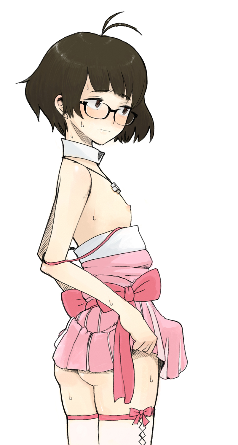 oomori harusame, akizuki ryo, idolmaster, idolmaster dearly stars, bad id, bad pixiv id, highres, 00s, 1boy, androgynous, ass, blush, brown hair, bulge, clothes lift, crossdressing, crossdressing (mtf), cute & girly (idolmaster), erection, erection under clothes, glasses, male focus, penis, short hair, shota, skirt, skirt lift, solo, sweat, thighhighs, trap, white thighhighs