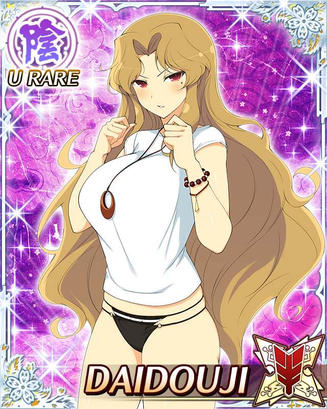 daidouji (senran kagura), senran kagura, senran kagura new wave, game cg, official art, 1girl, bikini, bikini top under shirt, bikini under clothes, black bikini, blonde hair, border, bracelet, breasts, card (medium), character name, clenched hands, jewelry, large breasts, light blush, long hair, looking at viewer, mole, mole under eye, necklace, parted bangs, raised fists, red eyes, shirt, skindentation, solo, swimsuit, wavy hair, white shirt
