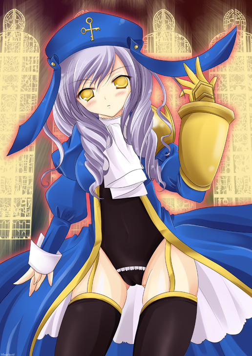 yuutsuki hina, dlanor a. knox, eiserne jungfrau, umineko no naku koro ni, light purple hair, md5 mismatch, 00s, 1girl, coat, drill hair, female focus, garter belt, garter straps, gauntlets, hat, leotard, overcoat, solo, thighhighs, yellow eyes