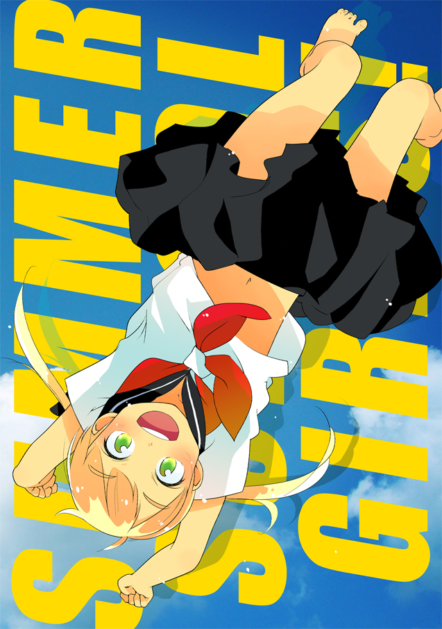 madam s, 1girl, barefoot, blush, brown hair, feet, female focus, green eyes, happy, midriff, school uniform, sky, solo, spread toes, toes, twintails