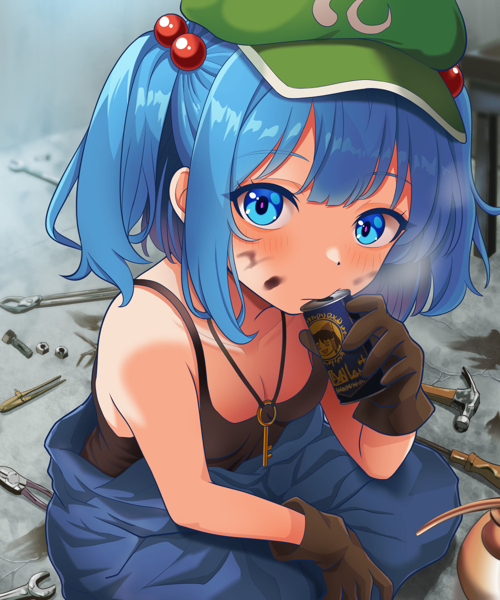 kisaragi koushi, hakurei reimu, kawashiro nitori, touhou, commentary request, duplicate, highres, pixel-perfect duplicate, 1girl, bare shoulders, black gloves, black tank top, blue eyes, blue hair, blue jumpsuit, blush, bolt (hardware), breasts, can, canned coffee, cleavage, collarbone, drink can, drinking, flat cap, gloves, green hat, hair bobbles, hair ornament, hammer, hat, indian style, jewelry, jumpsuit, key, key necklace, looking at viewer, medium breasts, medium hair, motor oil, necklace, nut (hardware), on ground, pliers, screwdriver, sitting, solo, tank top, two side up, wrench